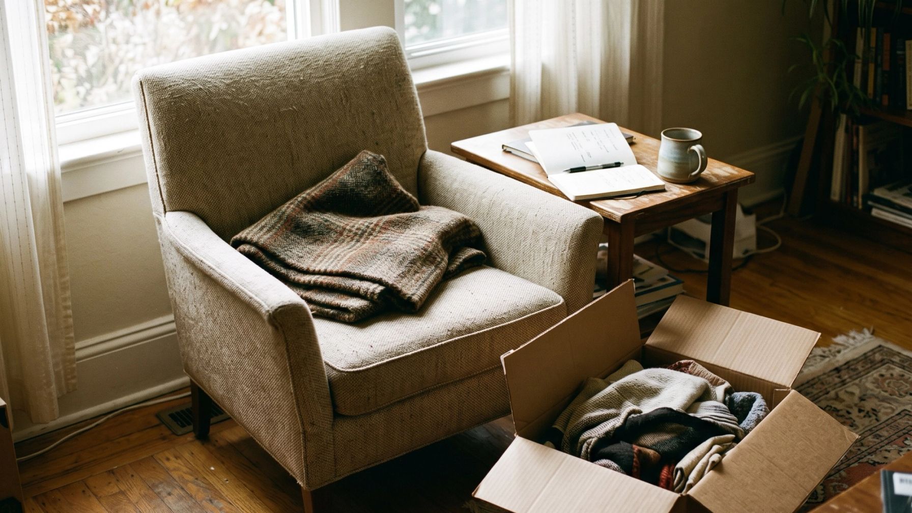 A wool throw on an armchair by a window, a notebook and mug on a side table, and an open carton of blankets on the floor