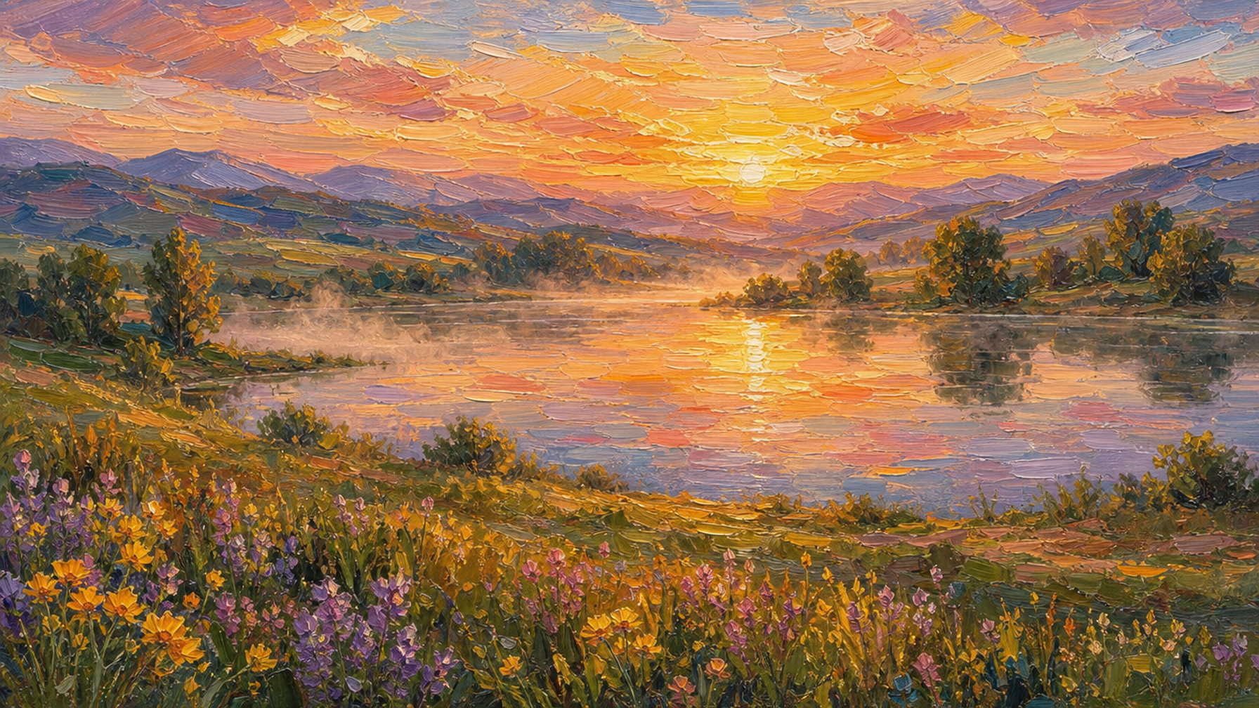 Painted illustration of sunrise over a still lake, wildflowers across the foreground and hills beyond