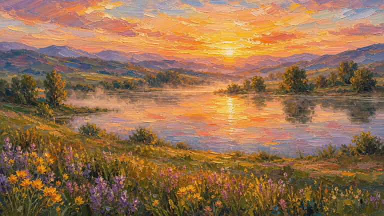Painted illustration of sunrise over a still lake, wildflowers across the foreground and hills beyond