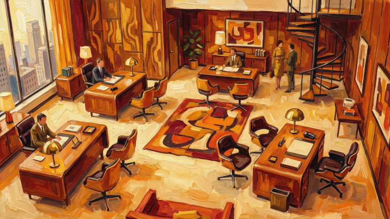 Painted illustration of a 1960s executive office