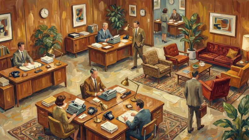 Painted illustration of a wide 1960s agency floor with low sofas and a row of wall clocks