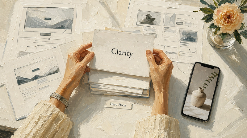 Painted illustration seen from above of two hands holding a card