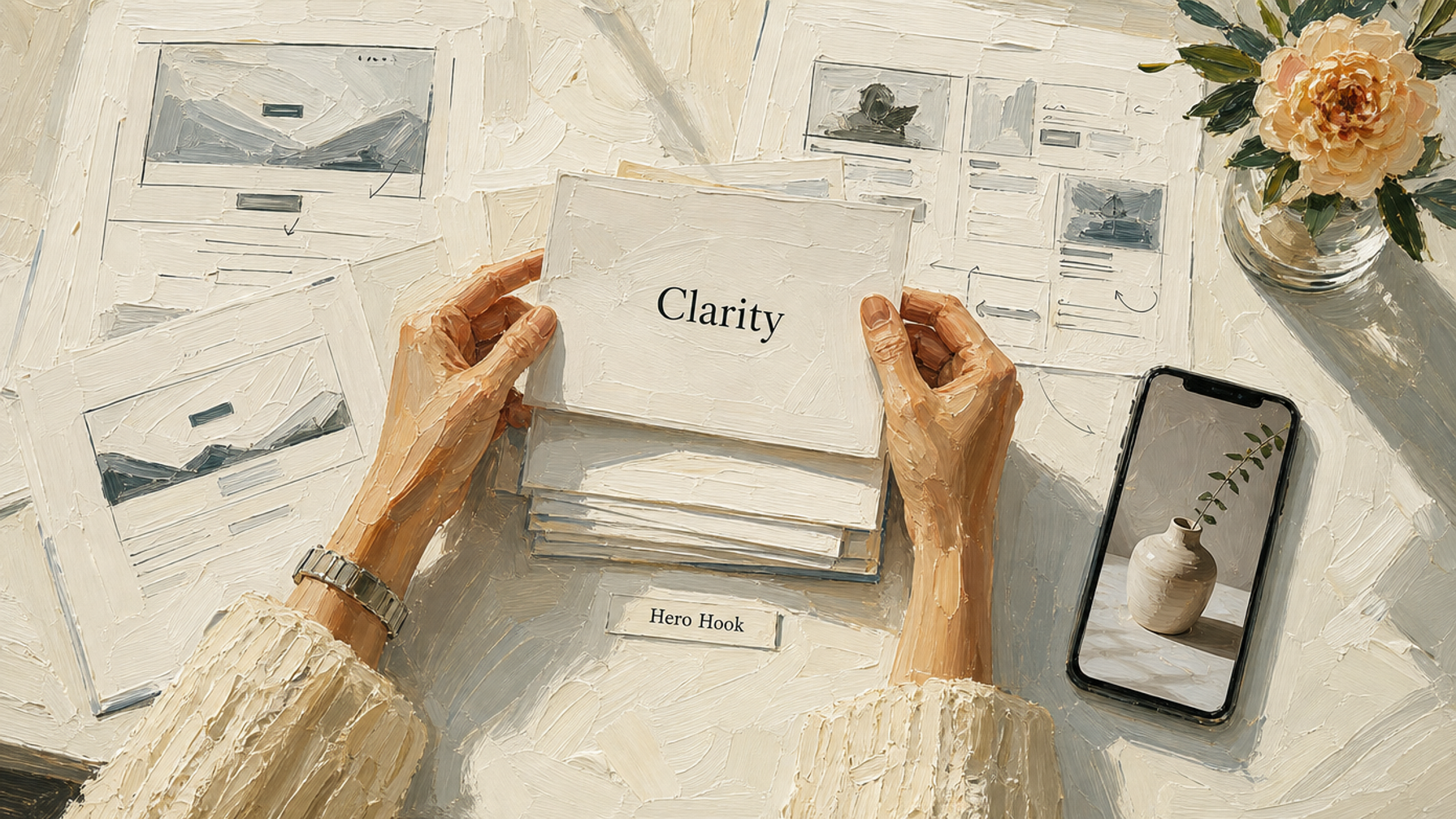 Painted illustration seen from above of two hands holding a card