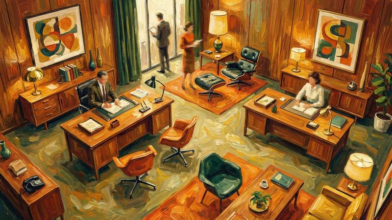 Painted illustration of a 1960s open-plan office, two desks facing each other and a figure at the window