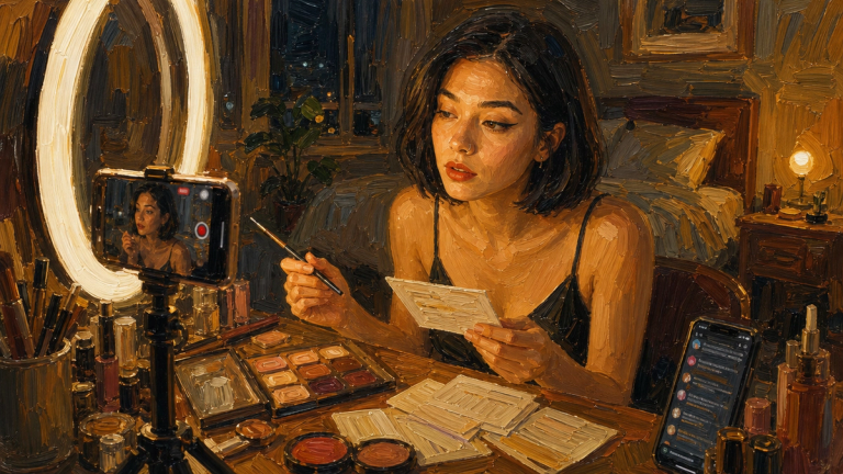 Painted illustration of a woman filming a make-up video under a ring light, reading notes from a card
