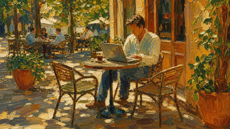 Painted illustration of a man working on a laptop at a sunlit cafe terrace, other tables of people behind him