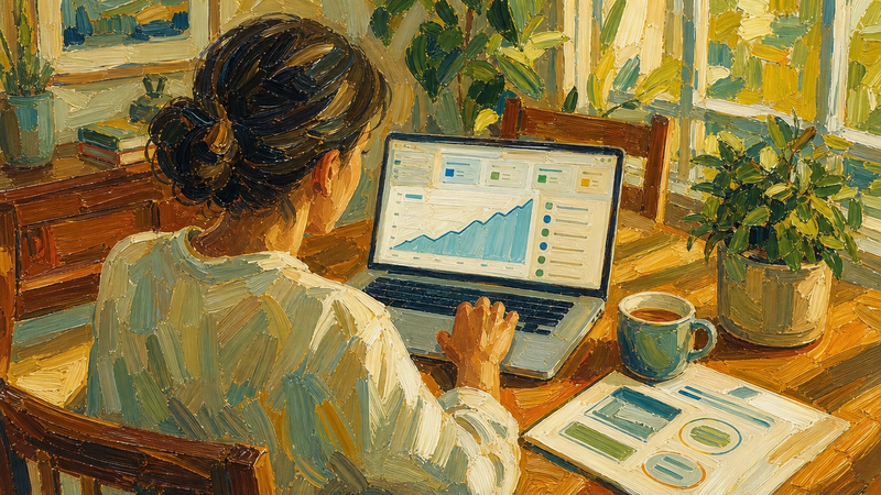 Painted illustration of a woman at a laptop reviewing a dashboard with a rising line chart, printed charts on the desk beside her