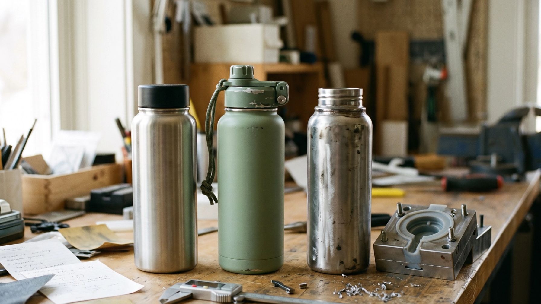 Three insulated bottles on a workbench: a plain steel one, a green one with a custom lid and an unfinished prototype beside a lid mold