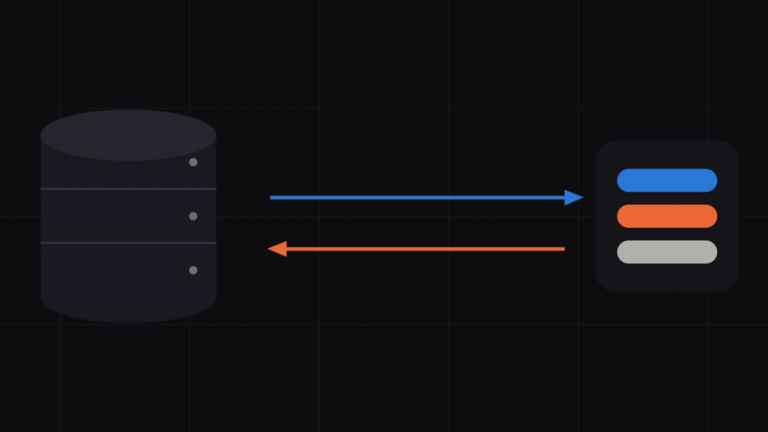 A dark banner: a database cylinder on the left exchanging arrows with a rounded panel of coloured bars on the right