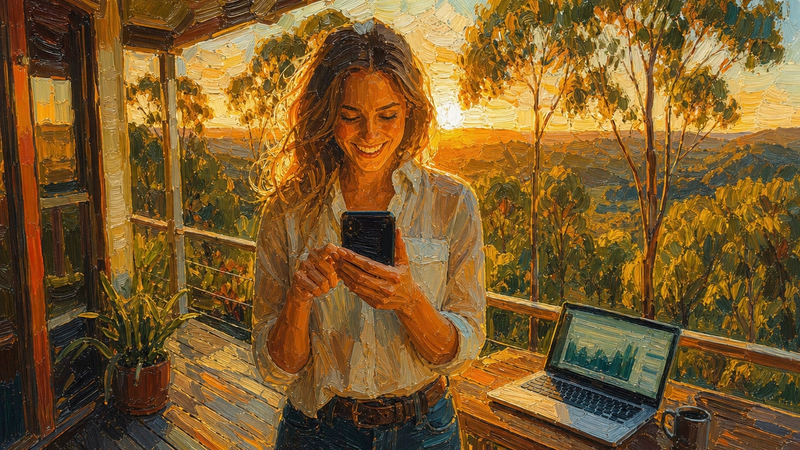 Painted illustration of a woman smiling at her phone on a veranda at sunset, a laptop showing a rising chart on the rail beside her