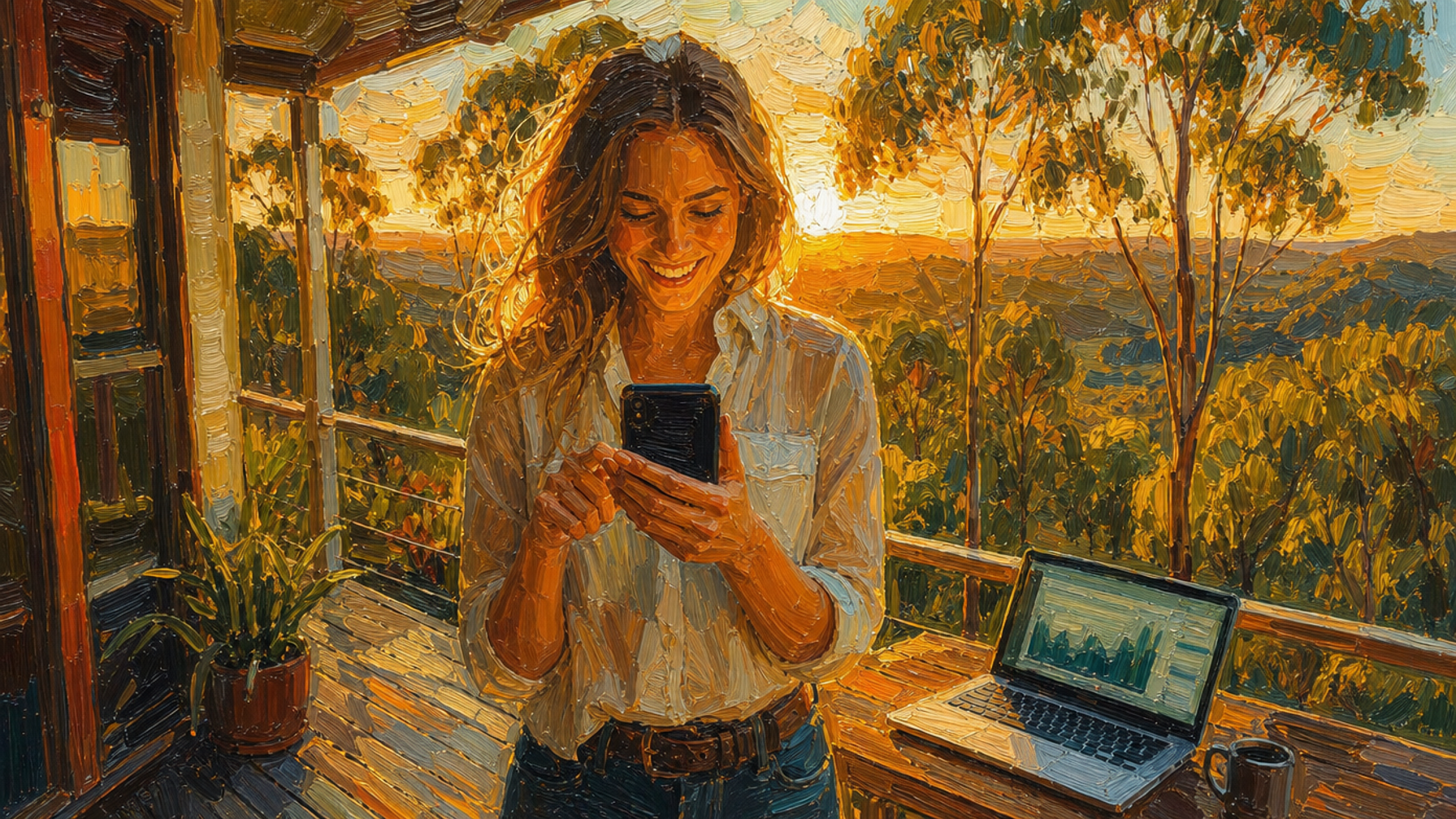 Painted illustration of a woman smiling at her phone on a veranda at sunset, a laptop showing a rising chart on the rail beside her