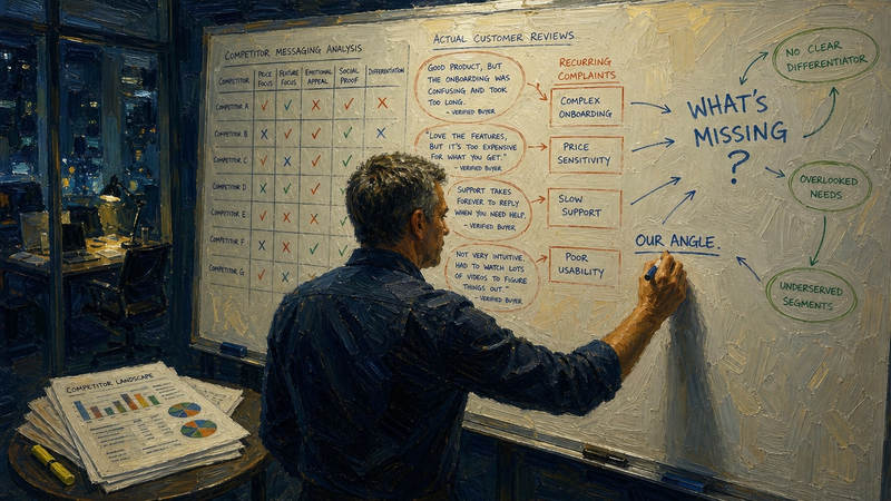 Painted illustration of a man at a whiteboard mapping competitor analysis and customer reviews under the heading whats missing