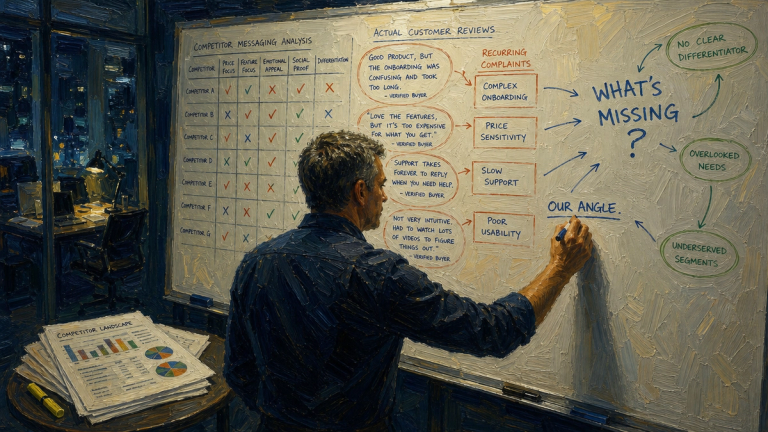 Painted illustration of a man at a whiteboard mapping competitor analysis and customer reviews under the heading whats missing