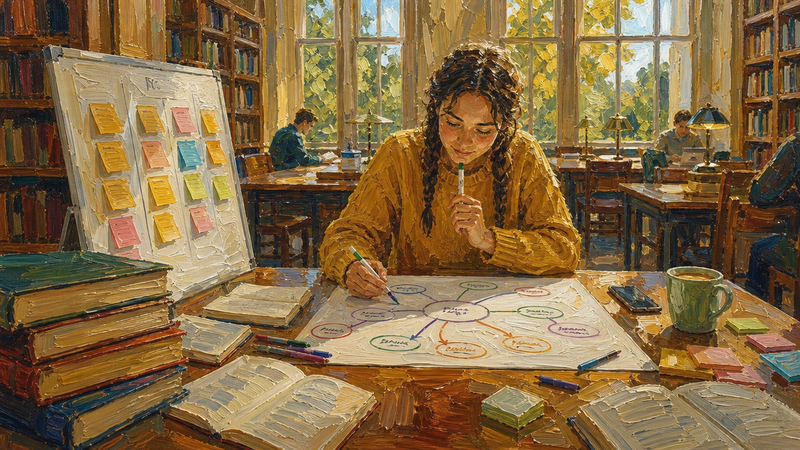 Painted illustration of a woman in a library drawing a large mind map across a sheet of paper, a board of sticky notes propped beside her