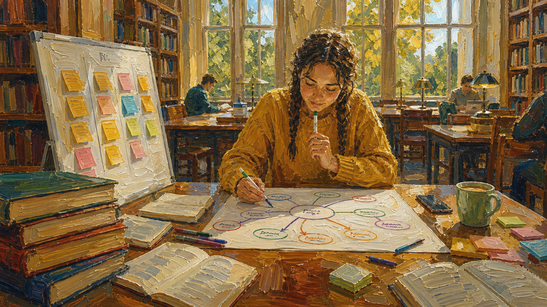 Painted illustration of a woman in a library drawing a large mind map across a sheet of paper, a board of sticky notes propped beside her