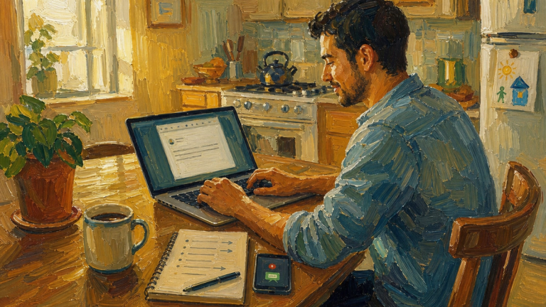 Painted illustration of a man typing a post on a laptop at a kitchen table, a notebook and phone beside him