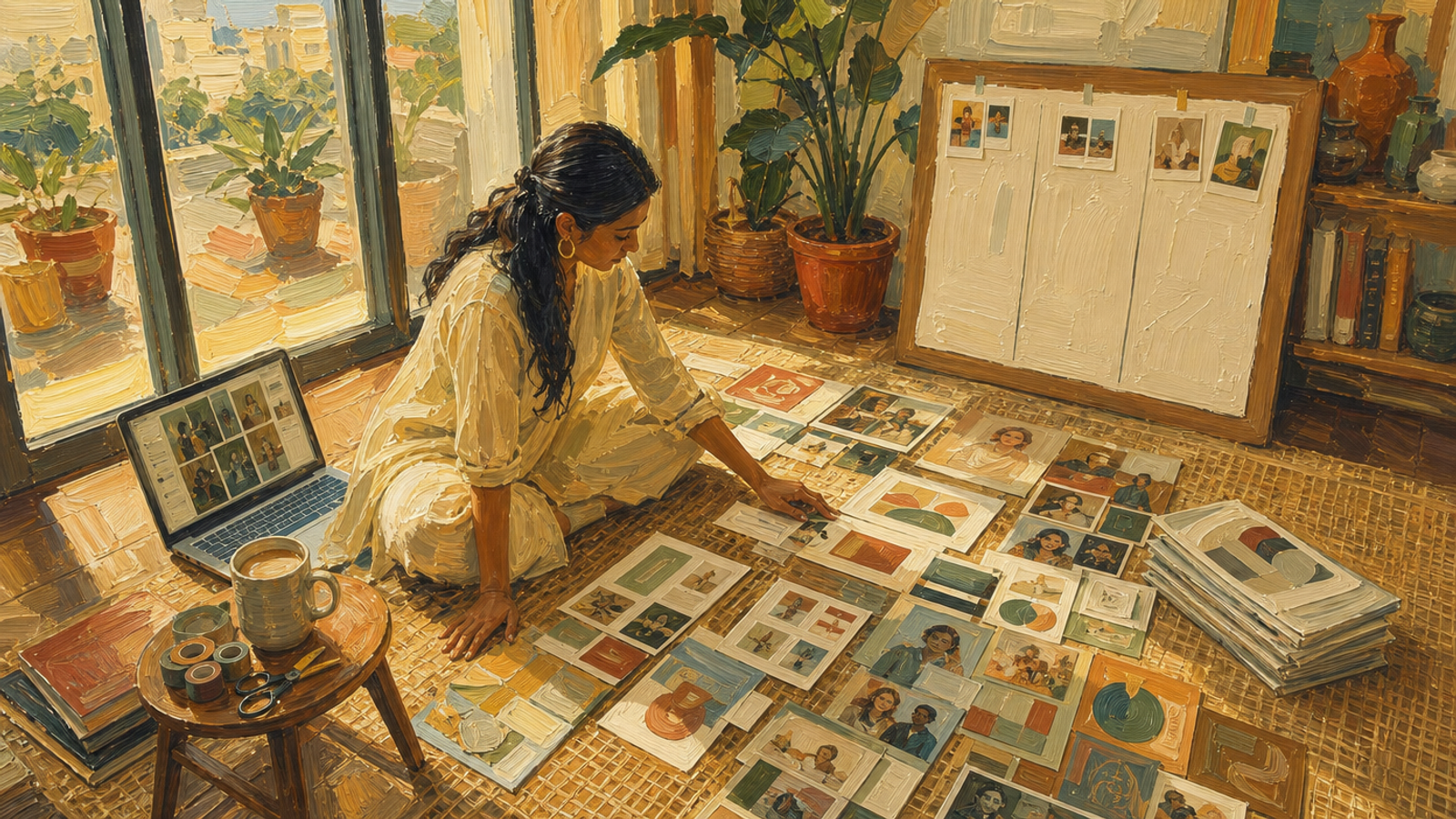 Painted illustration of a woman kneeling on a floor arranging brand reference cards and colour swatches in a sunlit room