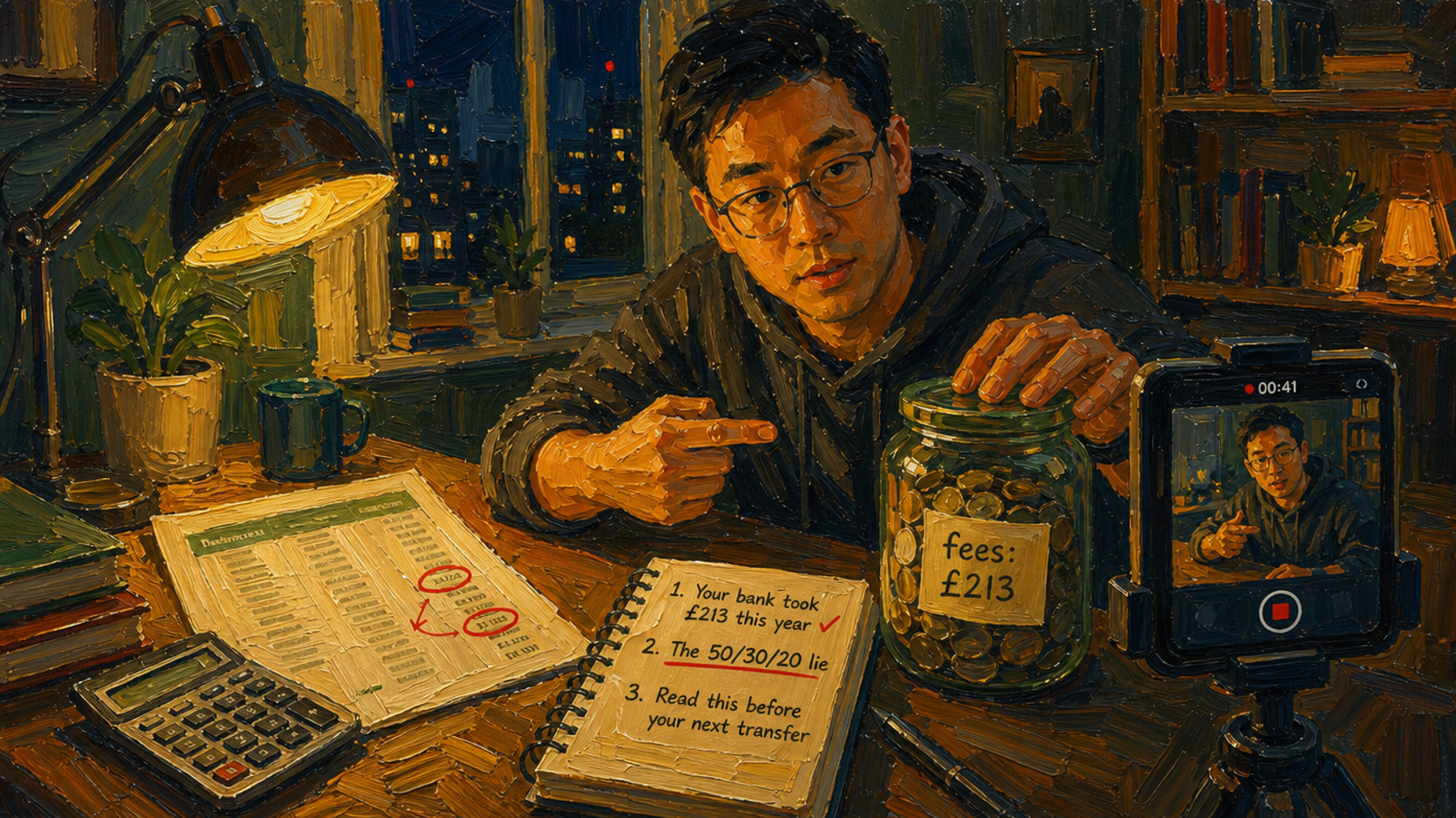 Painted illustration of a man filming himself pointing at a jar of coins labelled "fees: £213"