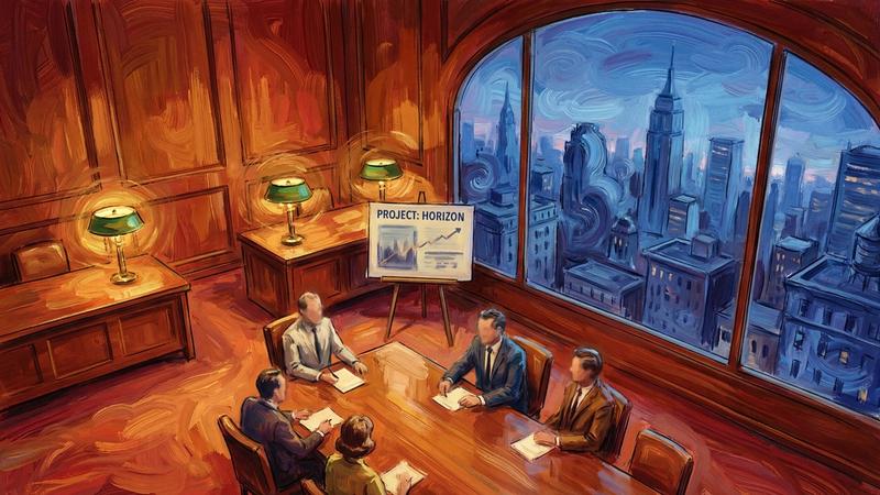 Painted illustration of a 1960s advertising pitch, a presenter at an easel before a boardroom at dusk