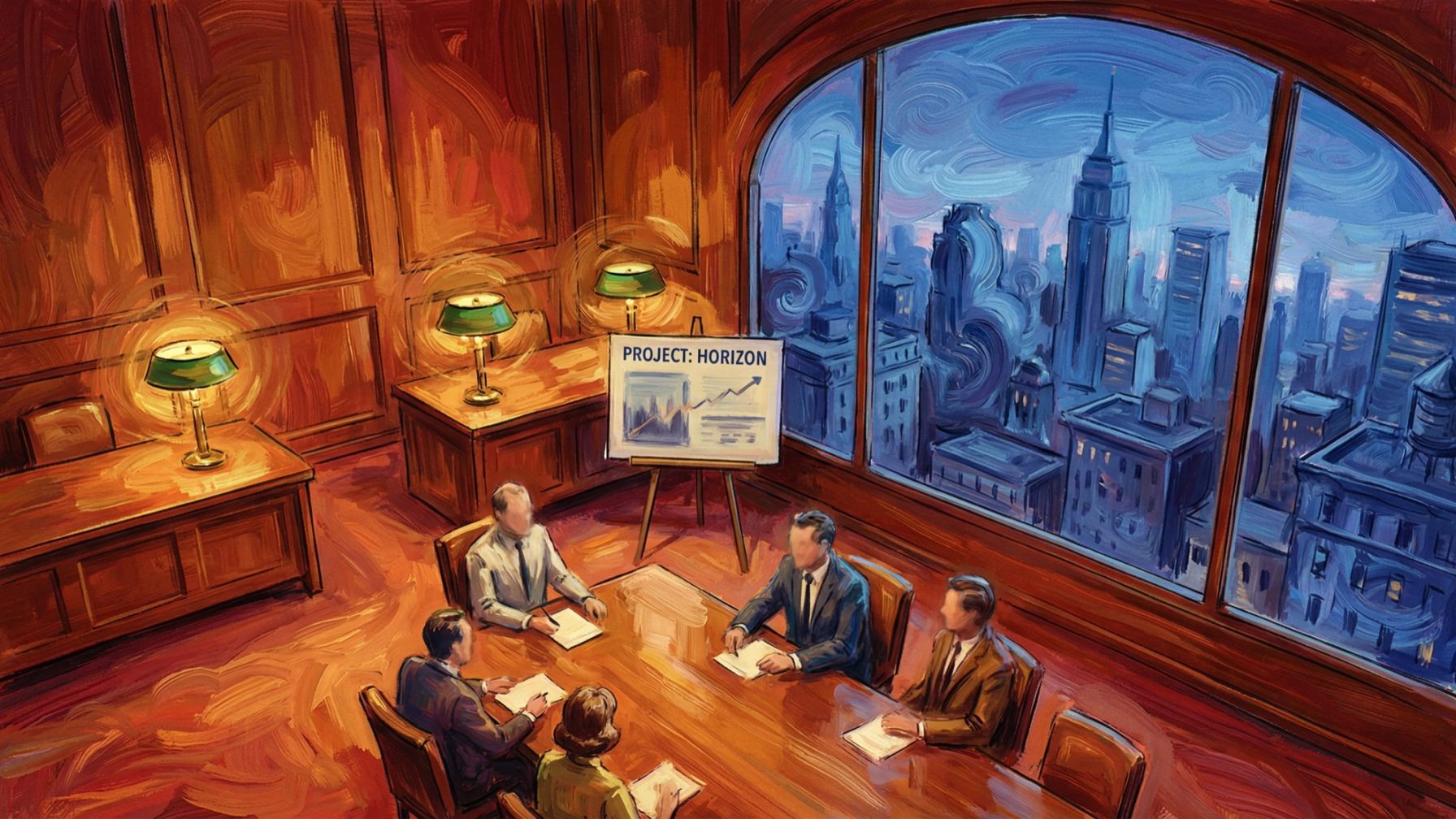Painted illustration of a 1960s advertising pitch, a presenter at an easel before a boardroom at dusk