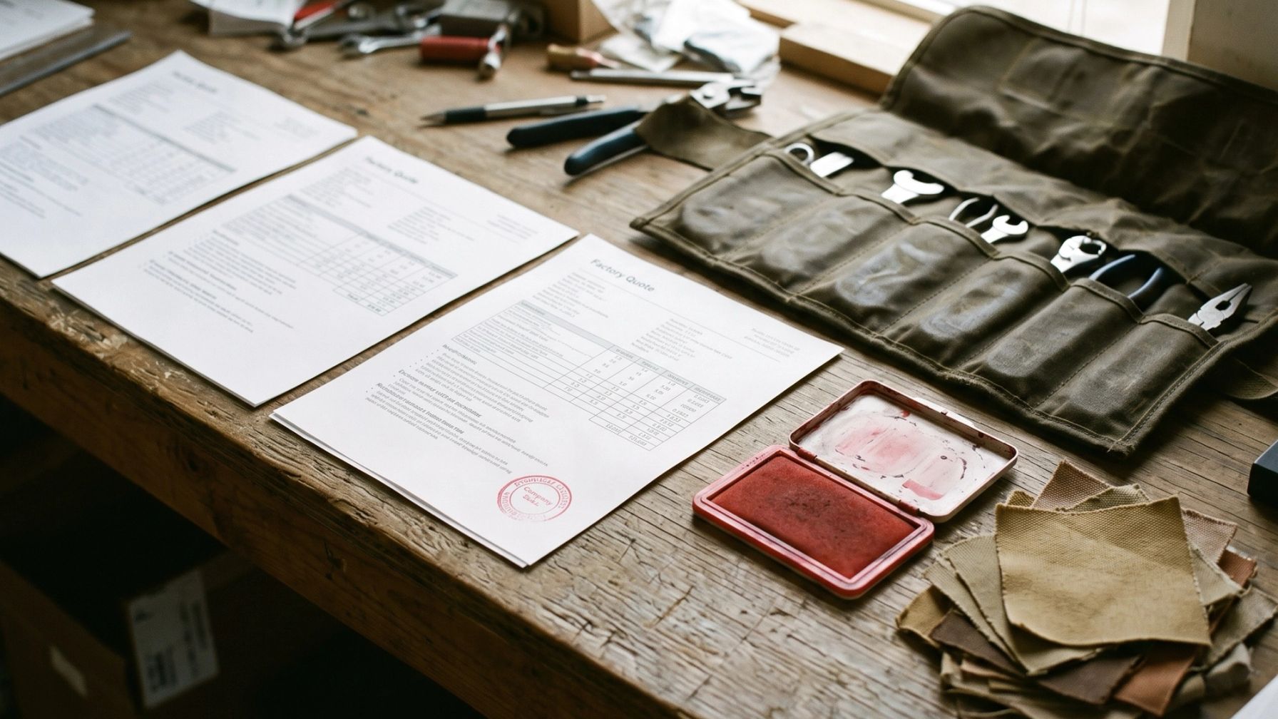 Three printed factory quotes on a workbench, one with a red company seal, beside a canvas tool roll, a red ink pad and canvas swatches