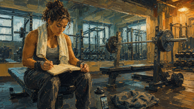 Painted illustration of a woman writing in a notebook on a gym bench, barbells and racks behind her