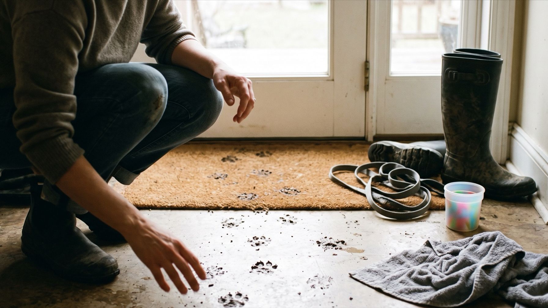 Someone crouches by muddy paw prints on a doormat inside a back door, beside muddy boots, a coiled leash, a damp towel and a paw-washing cup