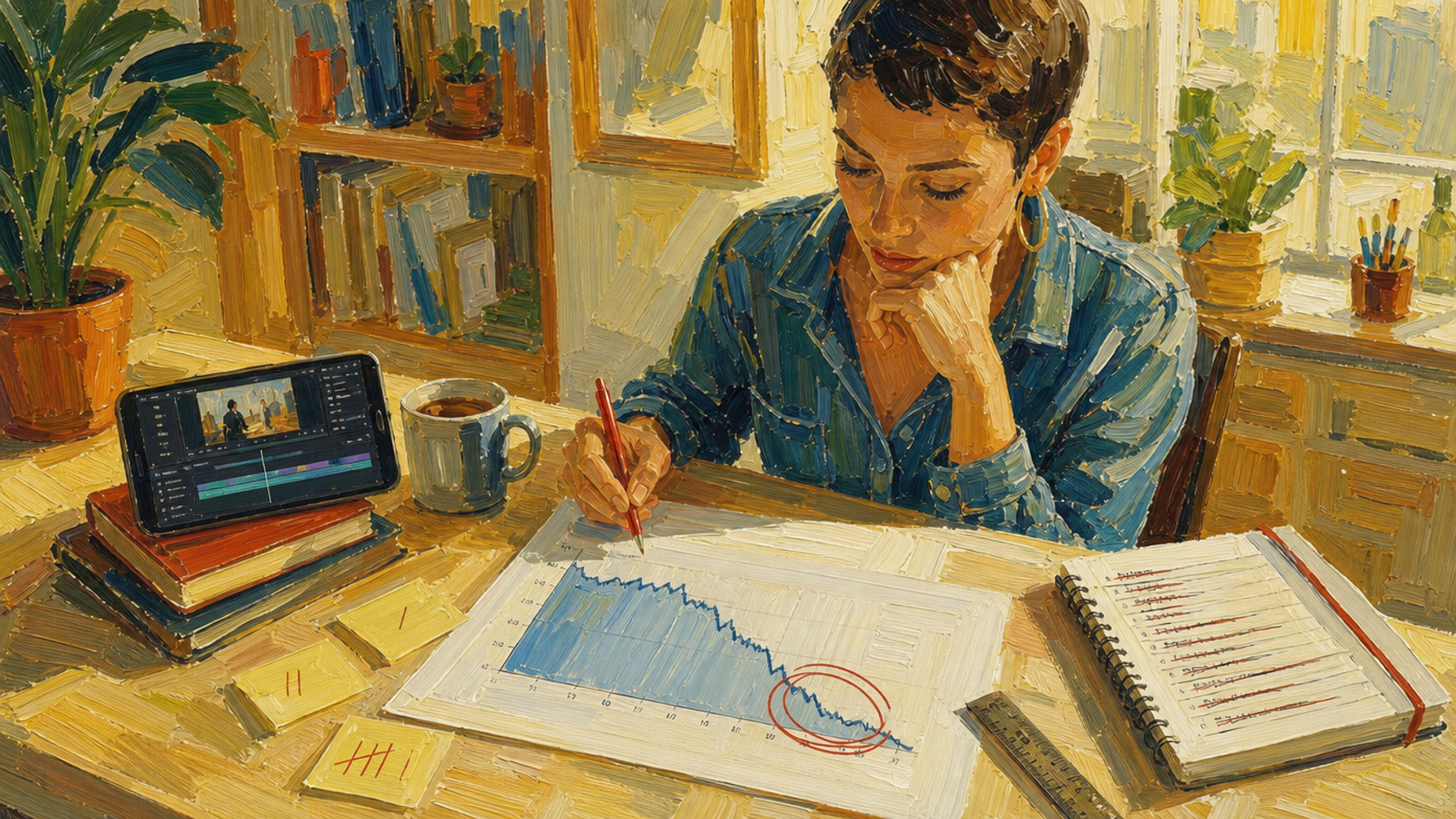 Painted illustration of a woman circling the drop-off on a printed views graph, a video editor open on her phone