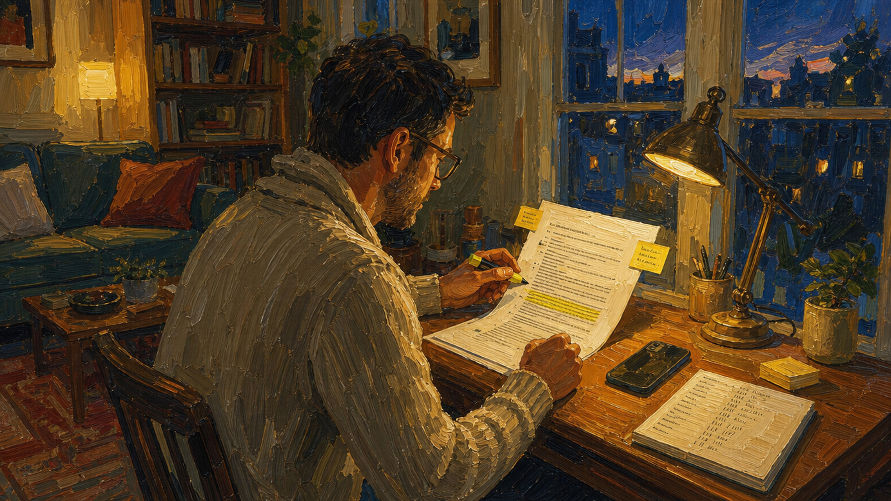 Painted illustration of a man highlighting a printed thread at his desk by a window at dusk