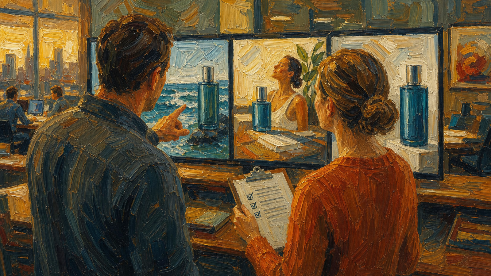 Painted illustration of two colleagues reviewing product advert creatives pinned on a wall, one holding a clipboard checklist