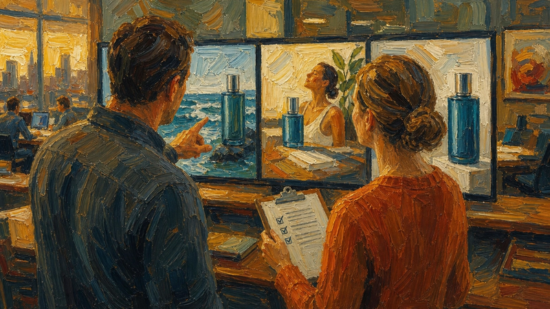 Painted illustration of two colleagues reviewing product advert creatives pinned on a wall, one holding a clipboard checklist