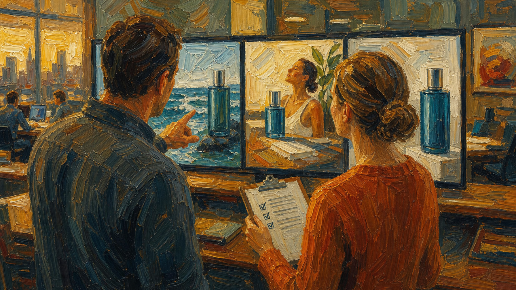 Painted illustration of two colleagues reviewing product advert creatives pinned on a wall, one holding a clipboard checklist