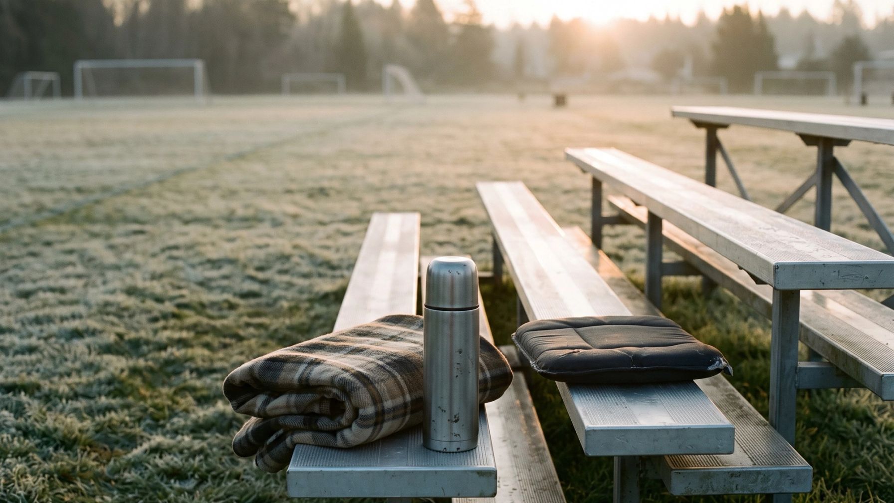 Empty aluminum bleachers by a frosty soccer field at sunrise, with a plaid blanket, a steel thermos and a seat cushion on the bench