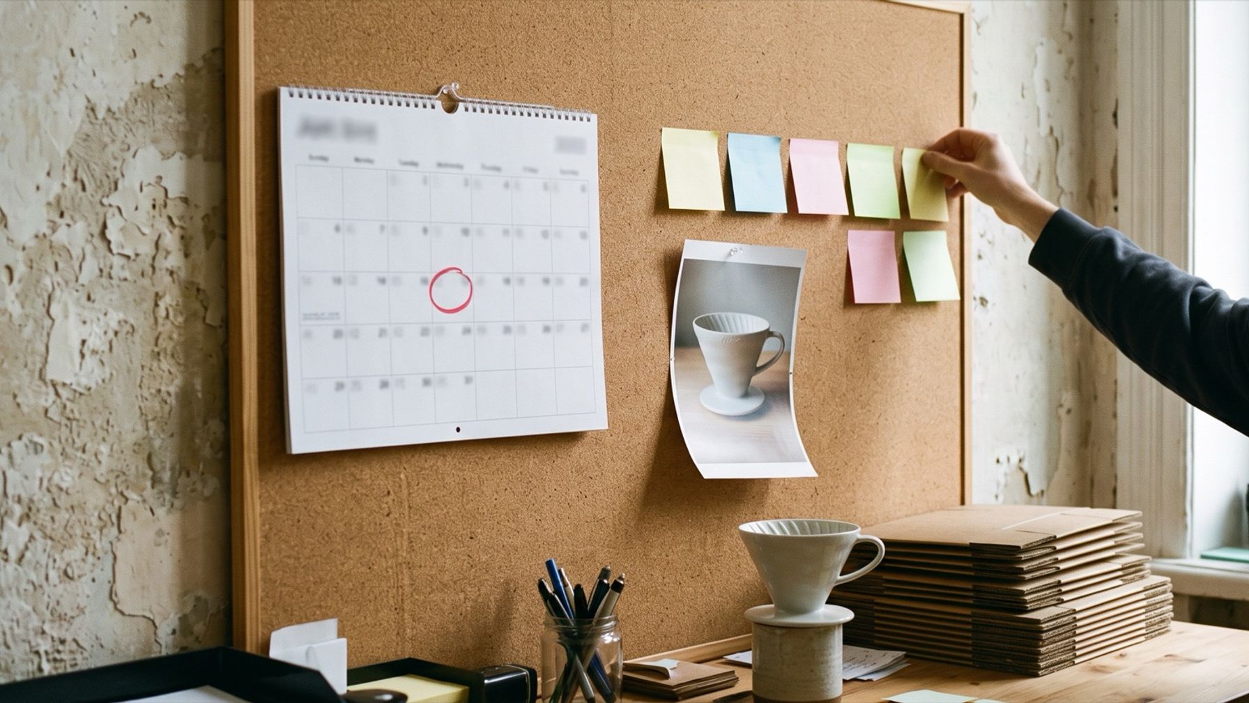 A hand pins sticky notes to a cork board beside a calendar with a date circled in red, above a dripper sample and flat mailer boxes