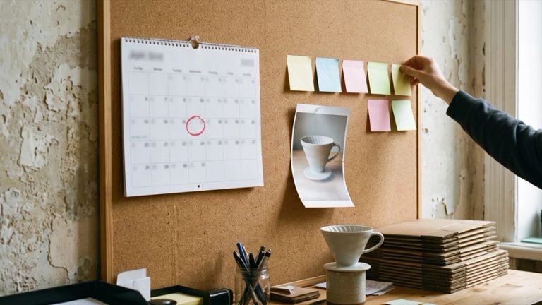 A hand pins sticky notes to a cork board beside a calendar with a date circled in red, above a dripper sample and flat mailer boxes