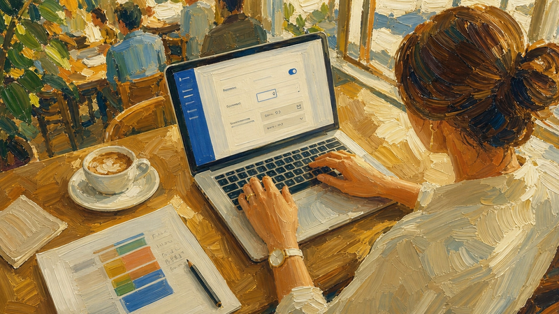 Painted illustration seen over a woman’s shoulder as she fills in a form on a laptop in a busy cafe