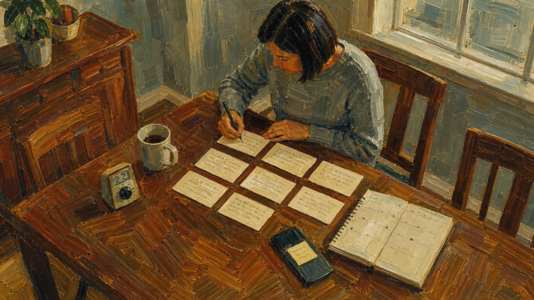 Painted illustration seen from above of a woman writing out a row of index cards at a wooden table, a planner open beside her