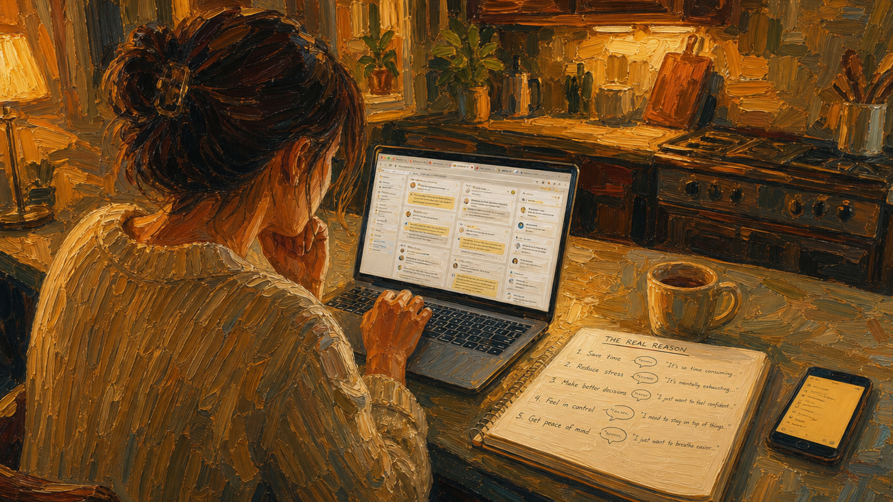 Painted illustration of a woman at a kitchen laptop reading forum threads, a notebook listing customer reasons open beside her