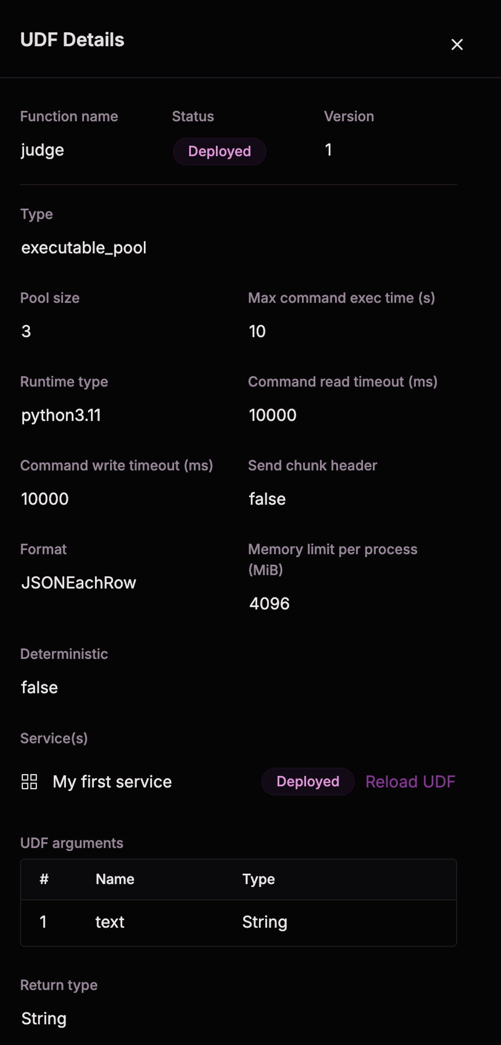 UDF details showing an executable_pool function with a pool size of three