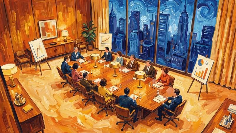 Painted illustration of a 1960s boardroom, a dozen people around a long table with charts on easels
