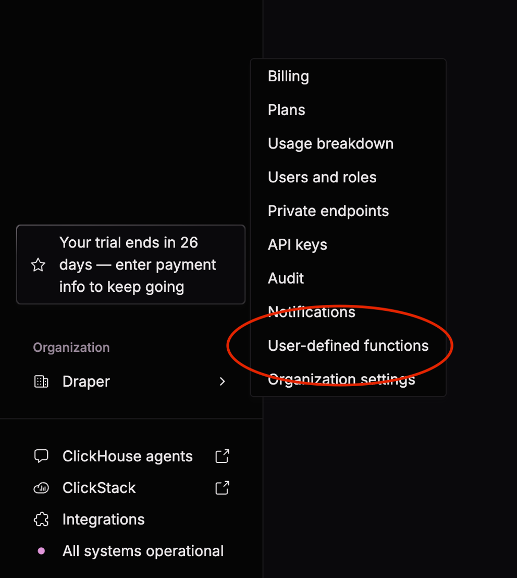 The User-defined functions entry in the ClickHouse Cloud organization menu