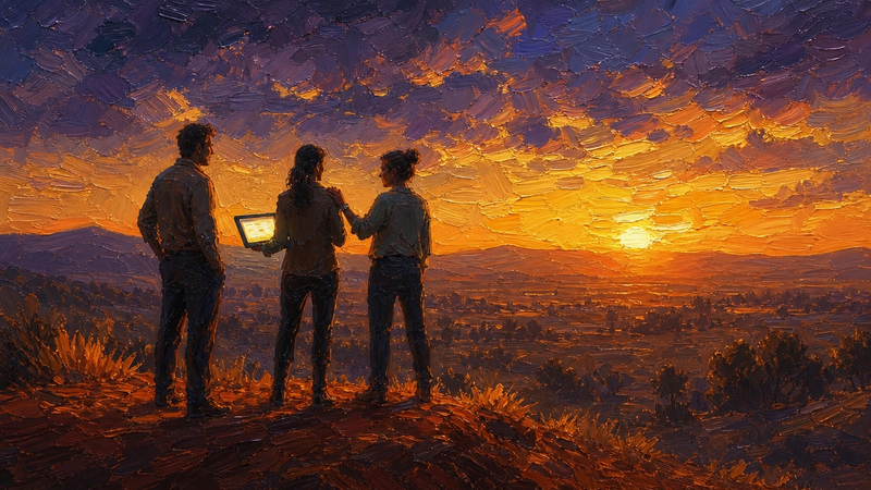 Painted illustration of three people standing on a hilltop at sunset looking at a laptop held between them