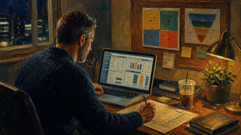 Painted illustration of a man working late at a laptop showing a business plan, charts pinned on the wall above the desk
