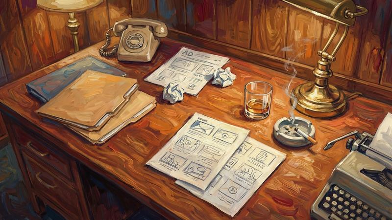 Painted illustration of a 1960s copywriter’s desk — rotary phone, ad storyboards, typewriter and a glass of whisky