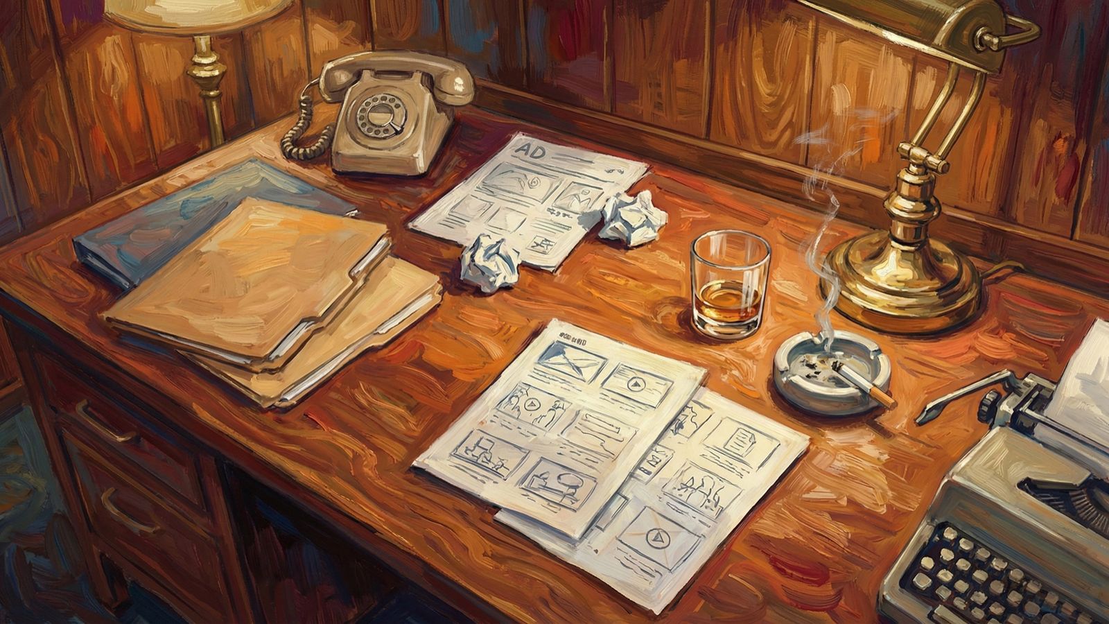 Painted illustration of a 1960s copywriter’s desk — rotary phone, ad storyboards, typewriter and a glass of whisky