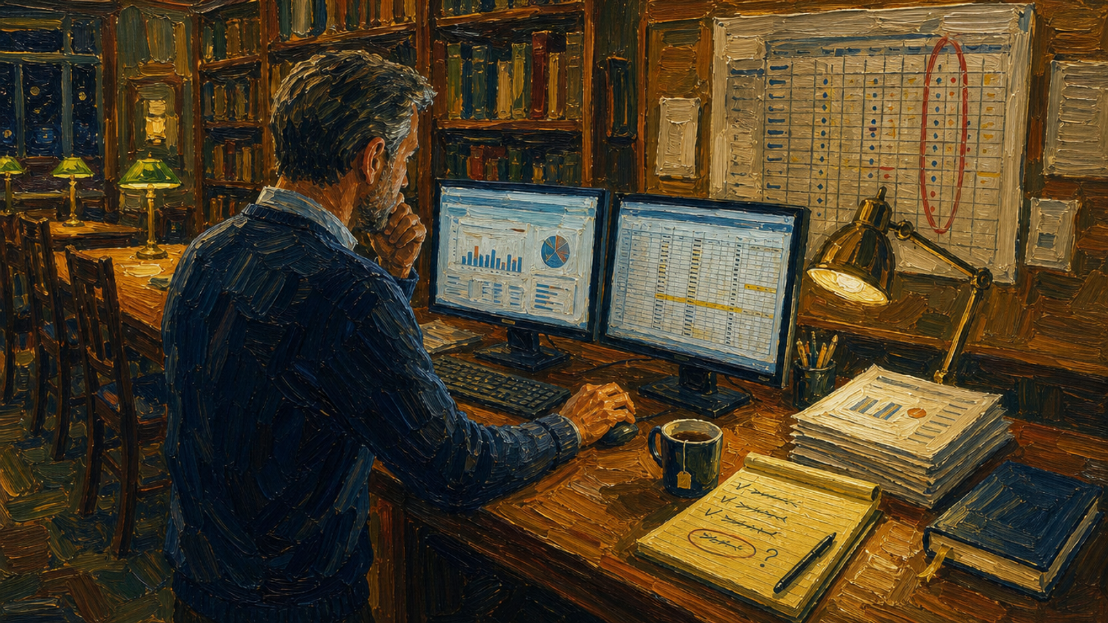 Painted illustration of a man at two monitors in a wood-panelled library comparing charts and a spreadsheet