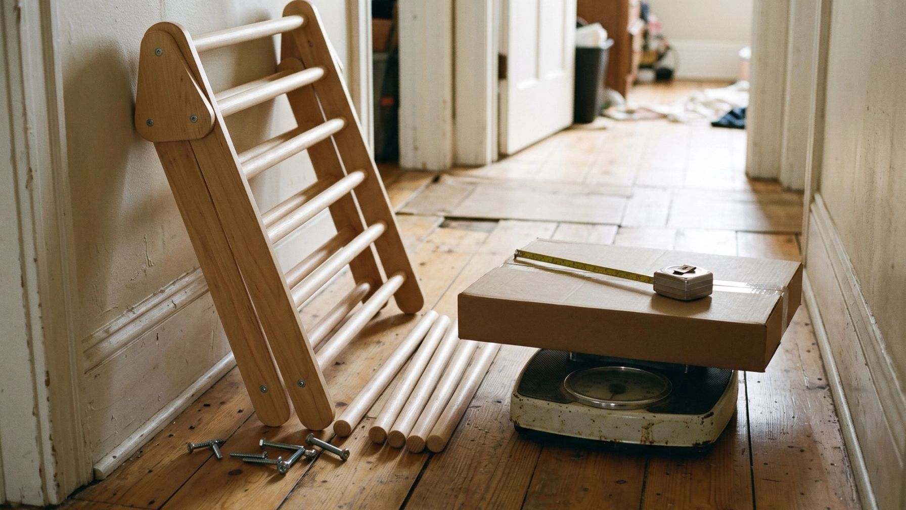 A wooden climbing triangle against a hallway wall with loose rungs on the floor, beside a flat box and tape measure on a bathroom scale