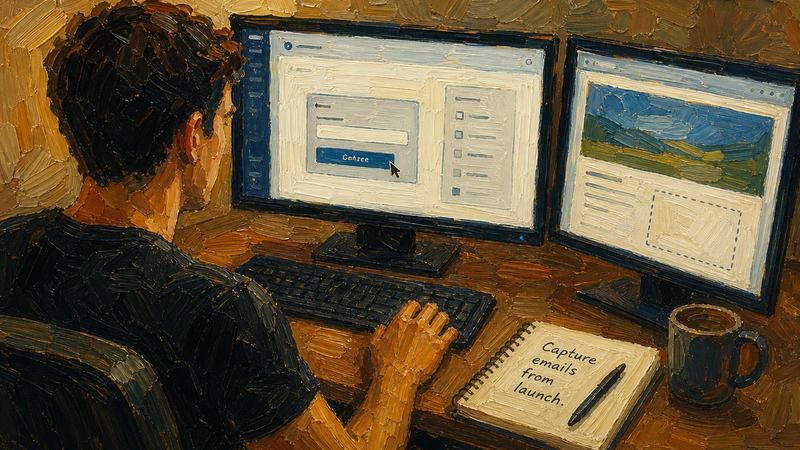 Painted illustration of a person at two monitors building a sign-up form, beside a notebook reading capture emails from launch