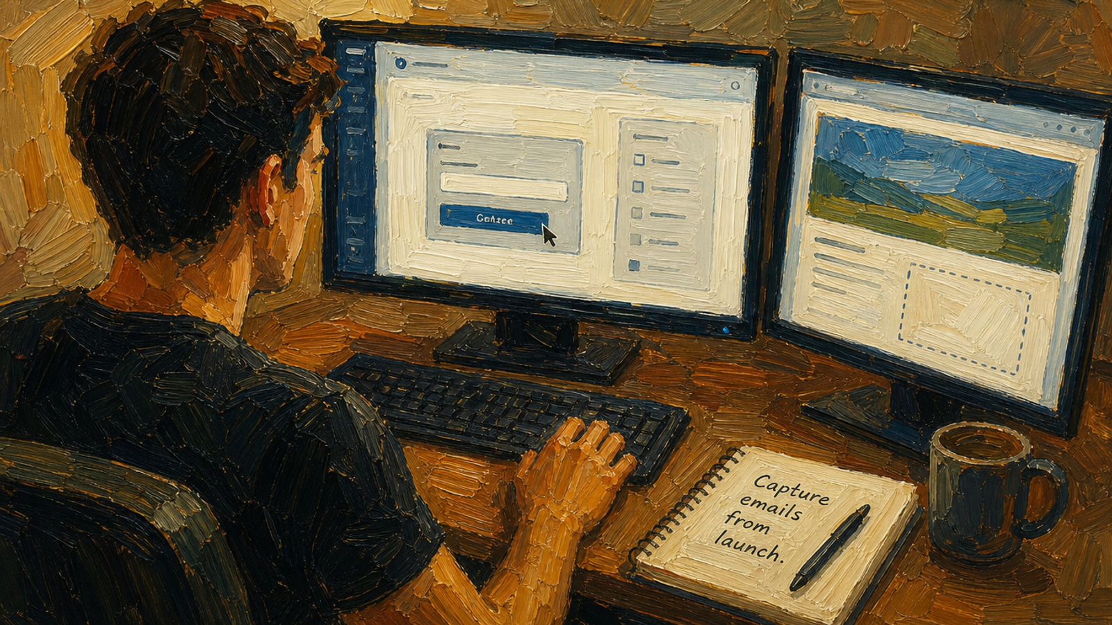 Painted illustration of a person at two monitors building a sign-up form, beside a notebook reading capture emails from launch