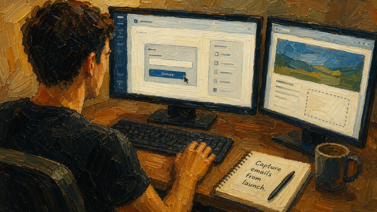 Painted illustration of a man at two monitors building a sign-up page, a notebook beside him reading "Capture emails from launch"